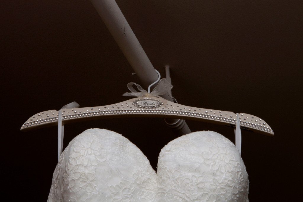 Close up of wedding dress hanger