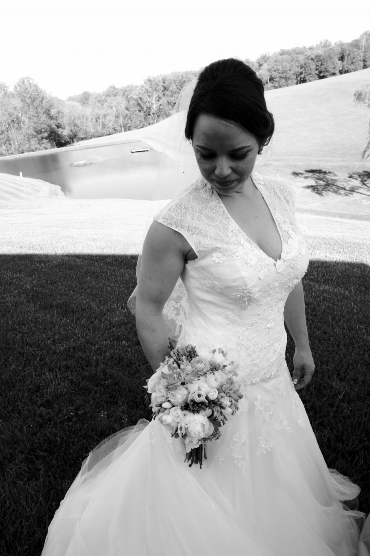 Reception bride field black and white