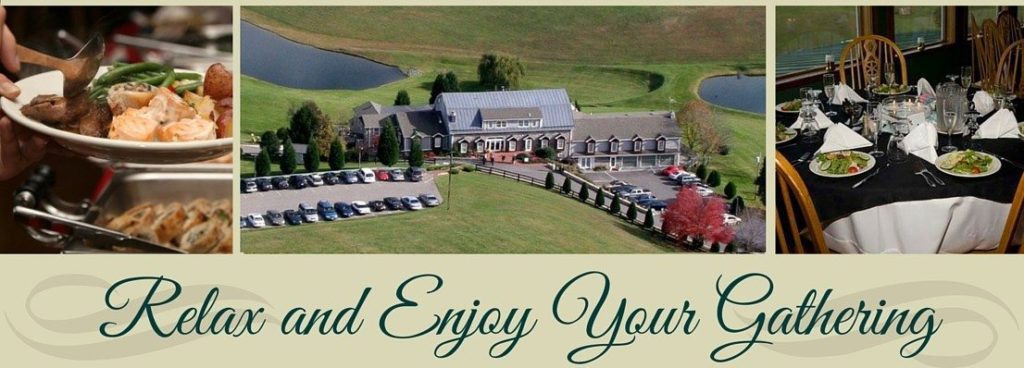 A collage with three images: a buffet with various dishes on the left, an aerial view of a large estate with manicured lawns and a pond in the center, and an elegantly set dining table on the right. The text "Relax and Enjoy Your Gathering" is at the bottom. | Morningside Inn