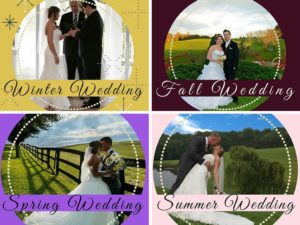 Collage of four wedding photos representing different seasons, each with a seasonal descriptor: "Winter Wedding" shows a couple exchanging vows indoors, "Fall Wedding" features a couple posing outdoors with autumn foliage, "Spring Wedding" captures a couple standing by a fence in a green field, and "Summer Wedding" depicts a couple kissing in a sunny, grassy landscape.