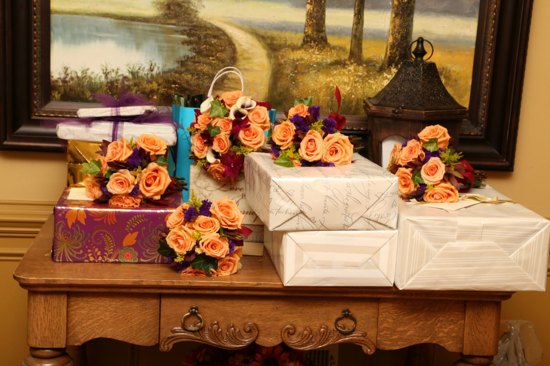 Wedding gifts are placed on table by entrance to Morningside Inn