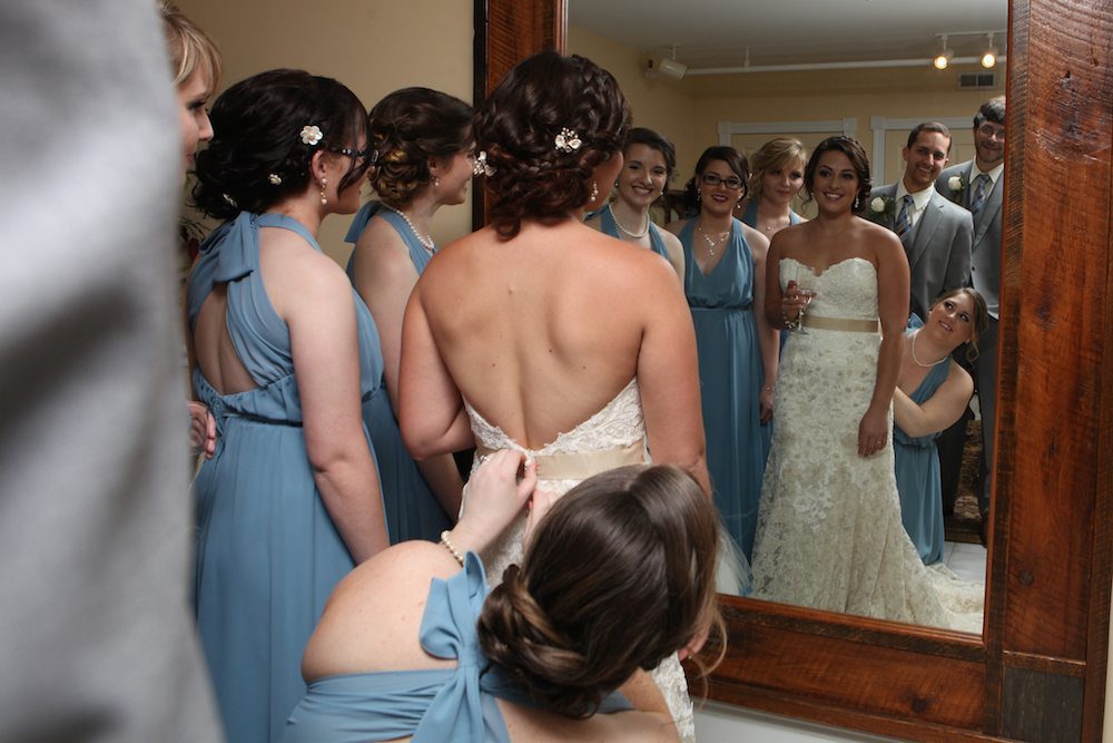 Bride's room photograph with one of the large mirrors available to the bridal party