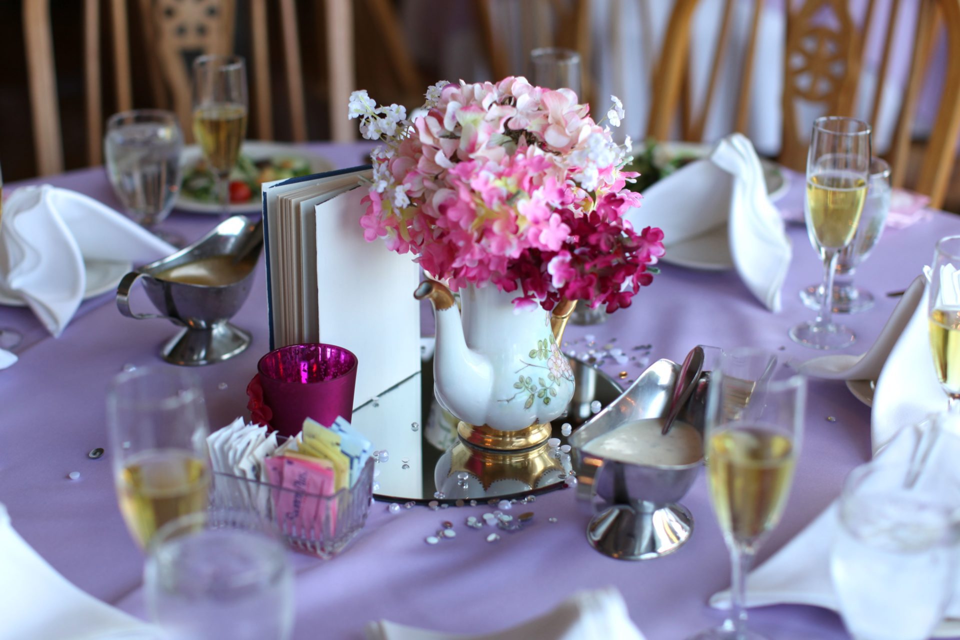 tea party theme wedding centerpiece with tea kettle with flowers