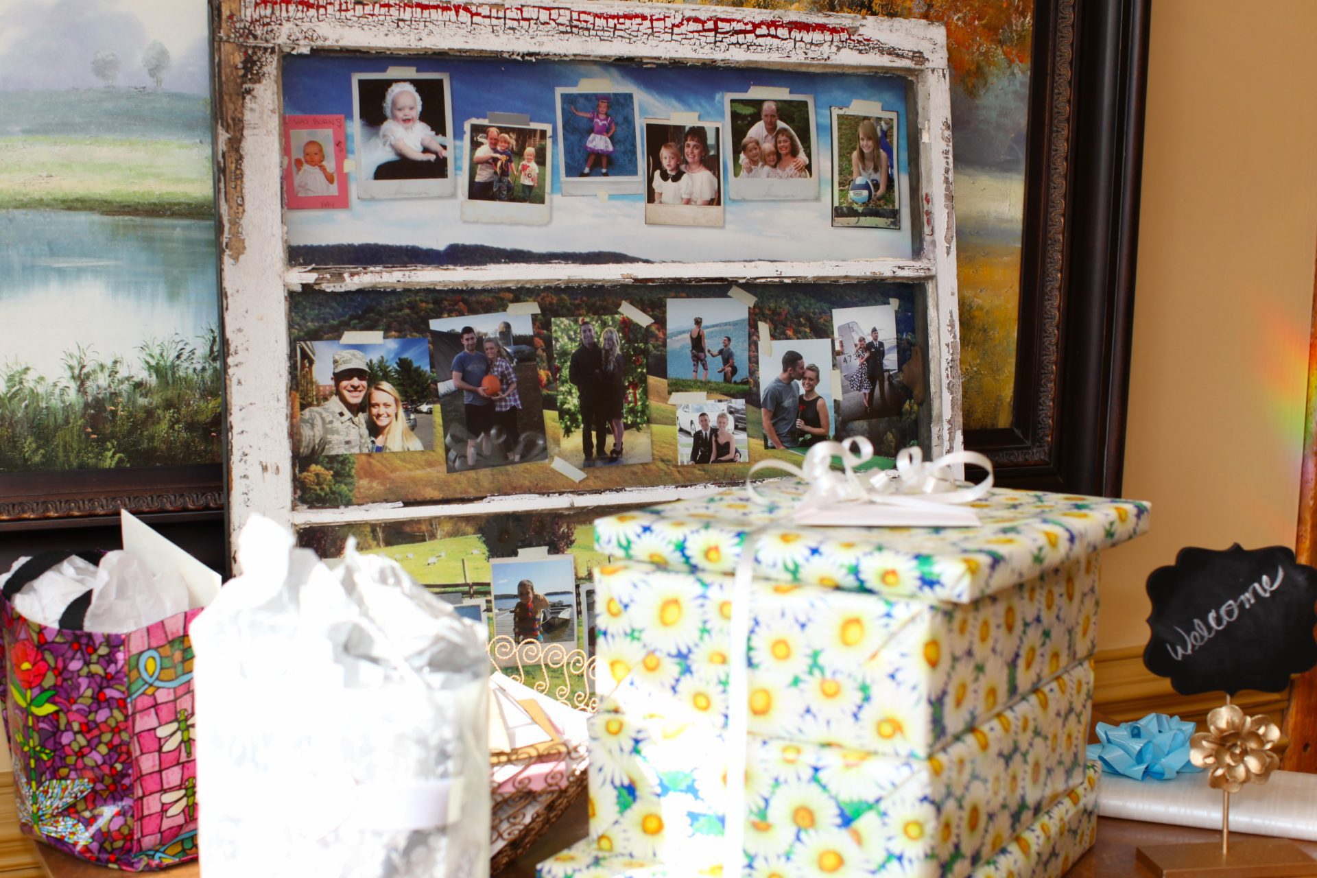 tea party theme wedding rustic window frame with photos of bride and groom
