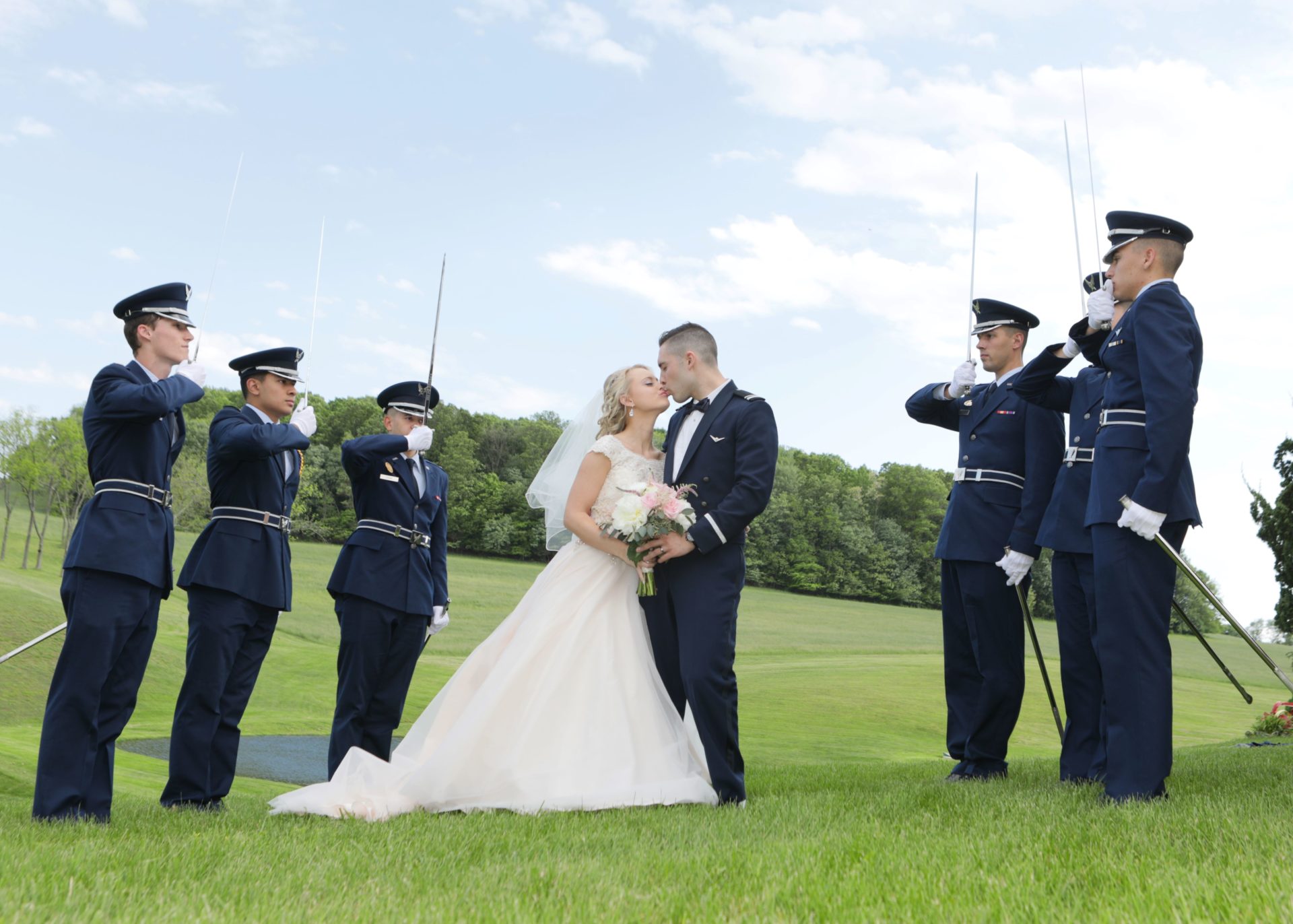 Military salute after spring wedding in Frederick Maryland, tea party theme wedding